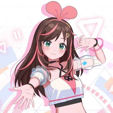 ภาพวาดอนิเมะของ Kizuna AI ผมสีน้ำตาลแซมชมพูติดโบสีชมพู กำลังยิ้มและยื่นมือออกมาข้างหน้าบนพื้นหลังสีพาสเทล
